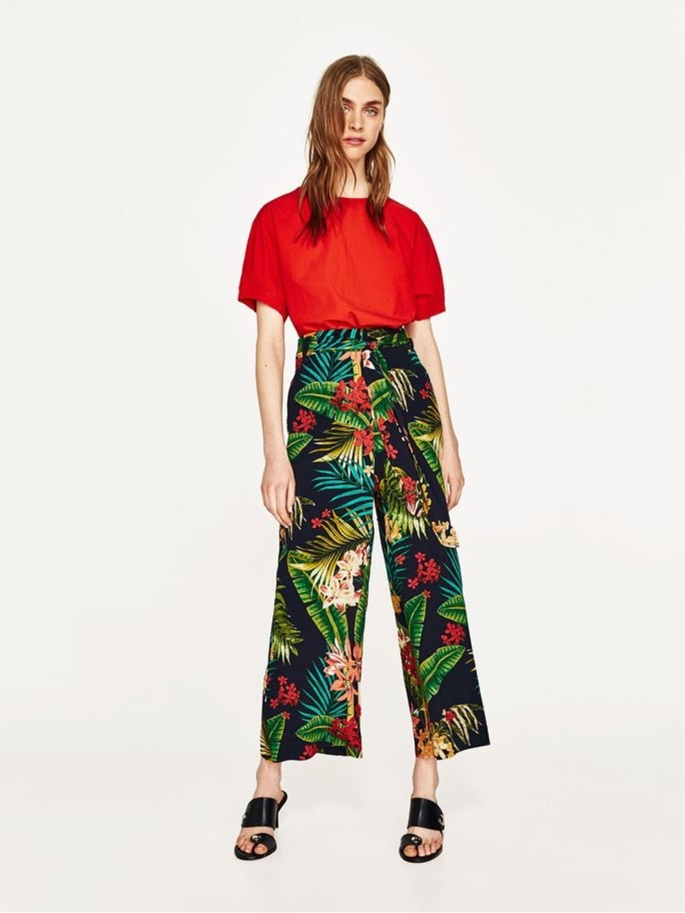 Zara High Rise Tropical Print Wide Leg Pants Size Small